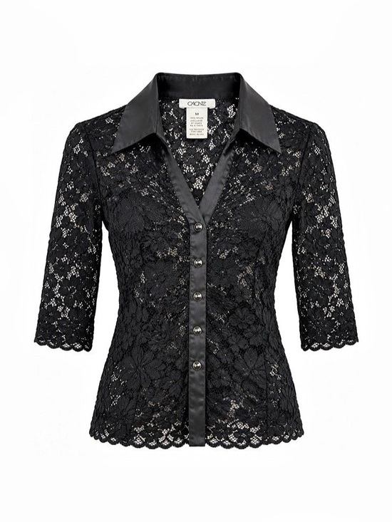 Cache Tops - Y2K Cache Black Floral Lace Satin Trim Button Front Blouse Size M Made in USA